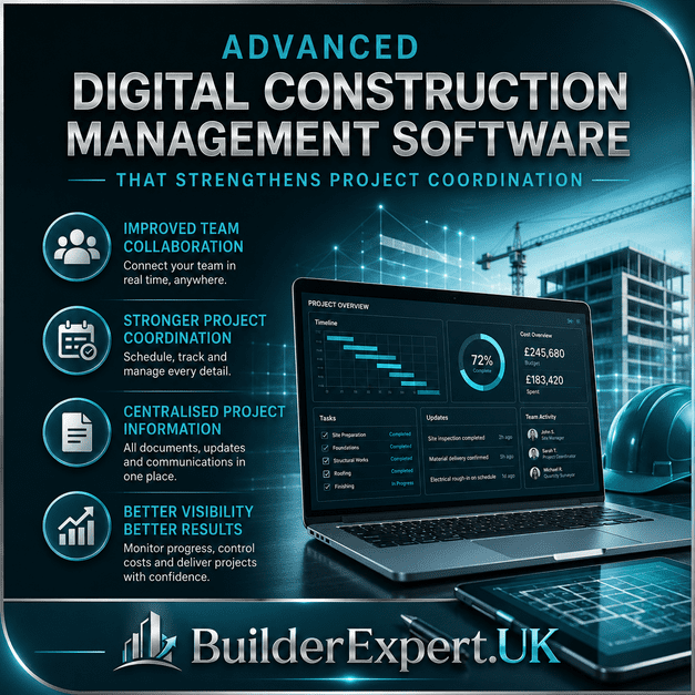 Advanced_Digital_Construction_Management_Software_That_Strengthens_Project_Coordination_50 Premium digital construction management software infographic showing how advanced project coordination systems improve team collaboration, project visibility, communication, scheduling, and operational efficiency within residential construction projects.