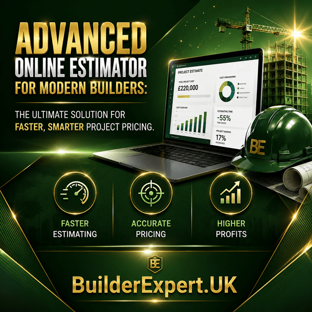 Advanced Online Estimator for Modern Builders infographic highlighting faster estimating, accurate project pricing, and higher profitability for construction businesses.