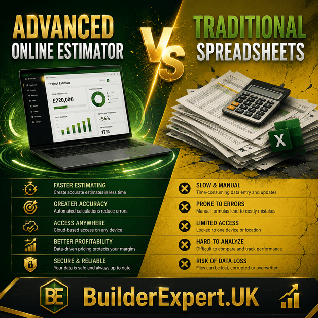 Advanced Online Estimator vs Traditional Spreadsheets infographic comparing estimating speed, pricing accuracy, accessibility, and profitability for construction businesses.