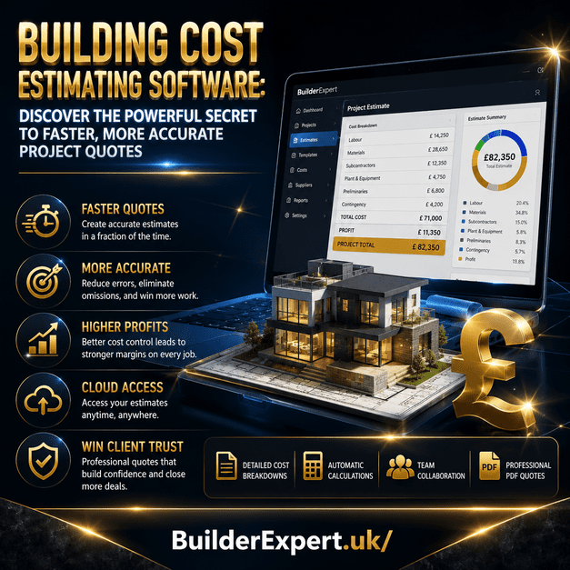 Building_Cost_Estimating_Software_50 Professional square infographic titled "Building Cost Estimating Software: Discover the Powerful Secret to Faster, More Accurate Project Quotes" featuring BuilderExpert's estimating software dashboard, a modern house model, faster quotes, improved accuracy, higher profits, cloud access, and professional PDF quotations on a premium dark background with gold accents.