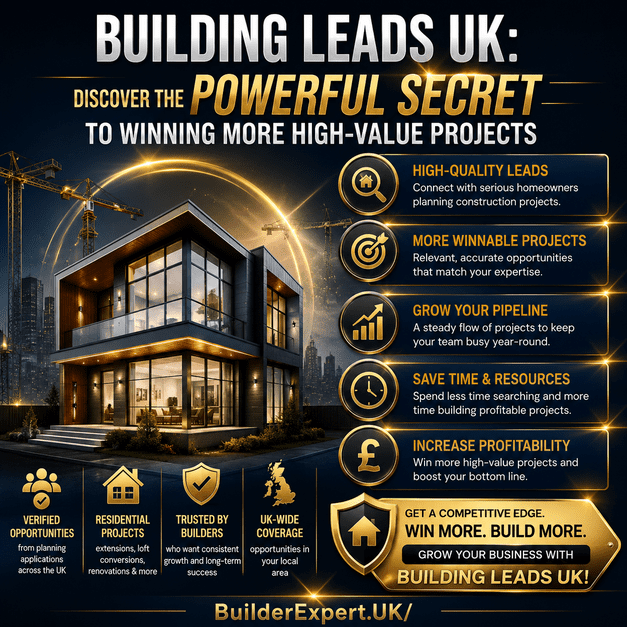 Professional square infographic titled "Building Leads UK: Discover the Powerful Secret to Winning More High-Value Projects" featuring a modern residential property, verified construction opportunities, project pipeline growth, profitability, and UK-wide building leads. The design uses a premium dark two-tone background with striking gold graphics, glowing visual effects, and UK-focused construction imagery, including only the British pound (£) symbol.