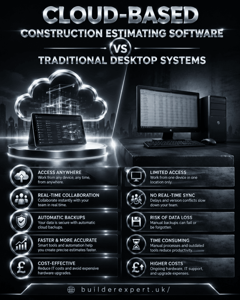 Cloud-Based Construction Estimating Software vs Traditional Desktop Systems Cloud-Based Construction Estimating Software vs Traditional Desktop Systems infographic comparing accessibility, collaboration, security, and estimating efficiency for construction businesses.