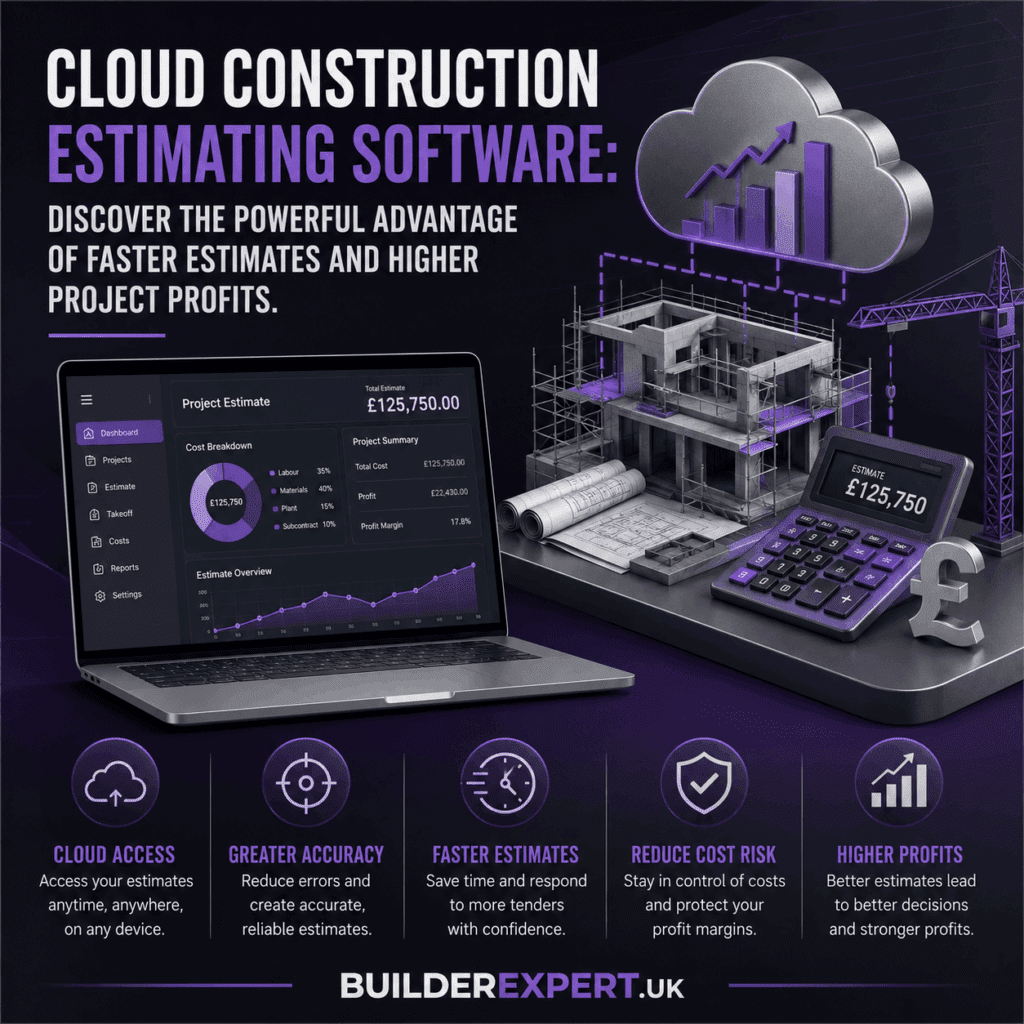Square infographic about cloud construction estimating software featuring a dark purple and grey background, cloud technology graphics, a construction project model, estimating dashboard, and British pound (£) cost calculations. The design highlights faster estimates, greater accuracy, reduced cost risk, and higher project profits for UK builders. BuilderExpert.UK branding appears at the bottom.