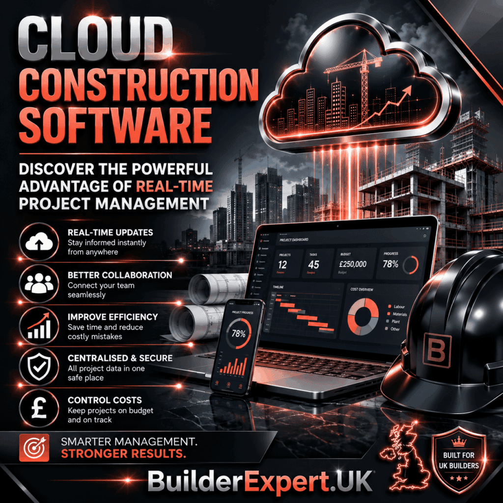 Alt Text Cloud Construction Software infographic featuring real-time project management technology, cloud-based construction dashboards, team collaboration tools, project tracking systems, cost control features, and British pound (£) financial indicators. The visual highlights instant project visibility, improved communication, enhanced efficiency, and secure cloud-based construction management for residential builders.