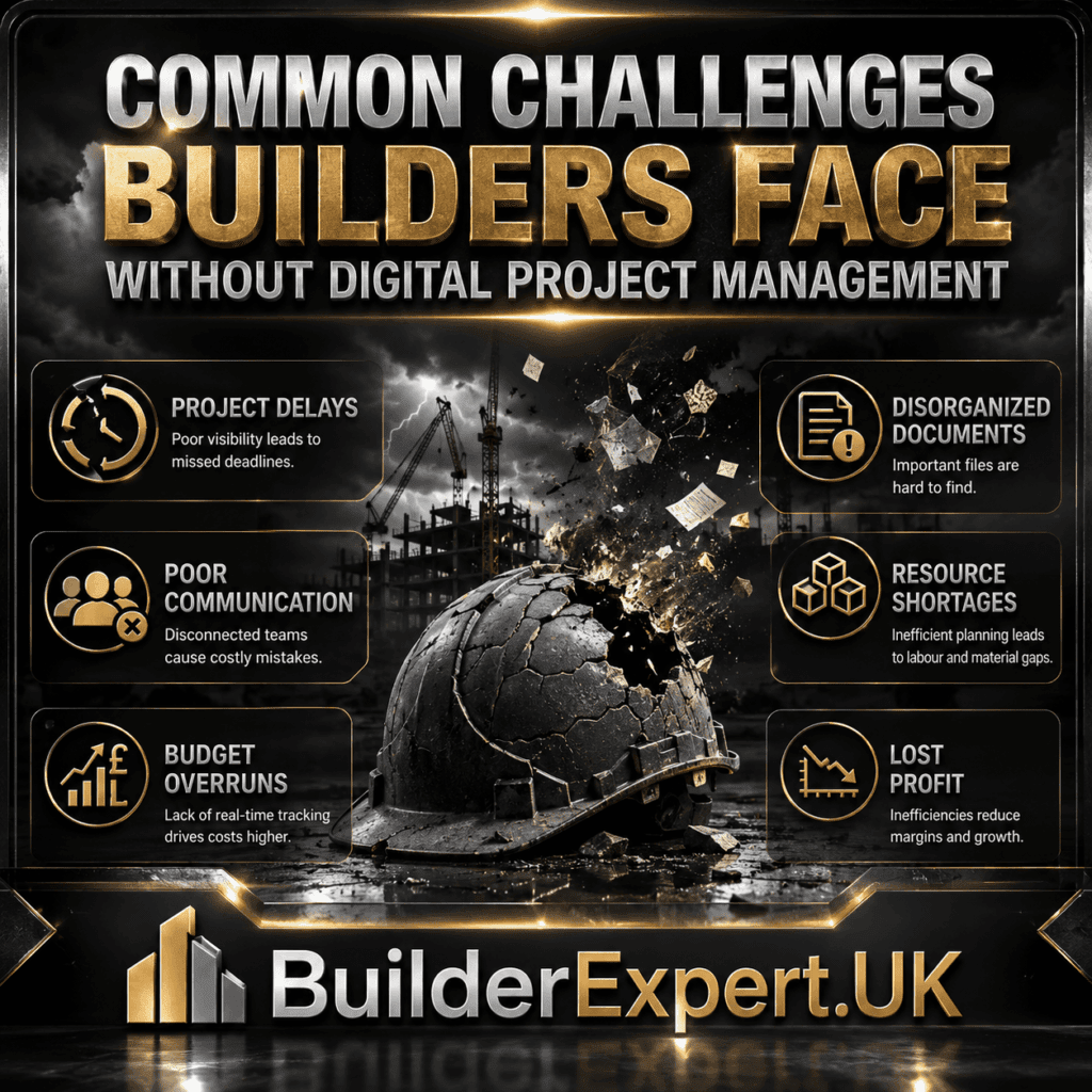Alt TextCommon Challenges Builders Face Without Digital Project Management infographic featuring construction project delays, poor communication, budget overruns, disorganised documentation, resource shortages, and reduced profitability. The visual uses a dark grey and black construction theme with premium metallic effects, highlighting the operational risks builders face when relying on manual project management processes.