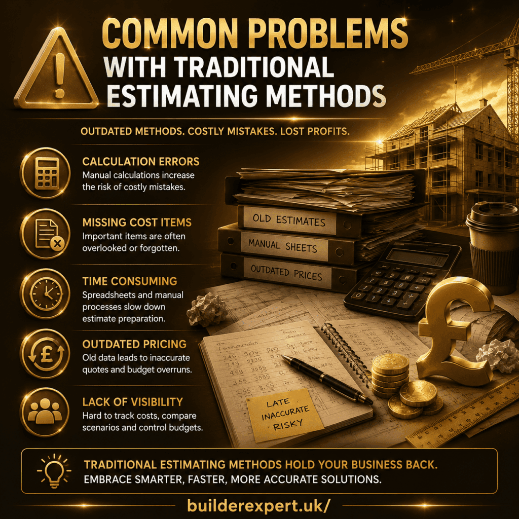 Common Problems with Traditional Estimating Methods Alt TextCommon Problems with Traditional Estimating Methods infographic highlighting calculation errors, missing cost items, outdated pricing, slow estimating processes, and poor cost visibility. The design features traditional construction estimating paperwork, manual calculations, and British pound (£) cost management elements, demonstrating the risks of outdated estimating methods.