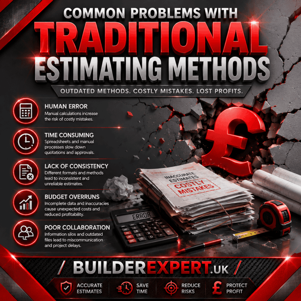 Common Problems with Traditional Estimating Methods Common Problems with Traditional Estimating Methods infographic showing calculation errors, budget overruns, inconsistent pricing, poor collaboration, and time-consuming manual processes. The design features construction documents, a calculator, and a British pound (£) symbol in BuilderExpert.UK branding.