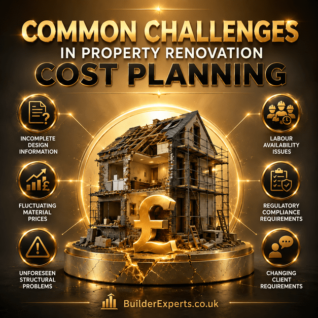 Square infographic titled "Common Challenges in Property Renovation Cost Planning" featuring a luxury renovation property under construction, glowing UK pound (£) symbol, premium gold and sand-coloured design, and key renovation cost planning challenges including incomplete design information, fluctuating material prices, labour availability issues, changing client requirements, regulatory compliance requirements, and unforeseen structural problems. Branded with BuilderExperts.co.uk.