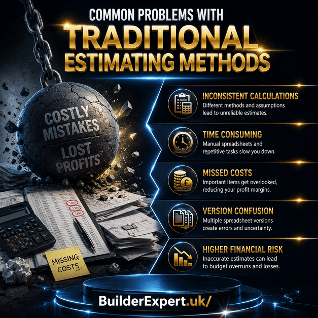 Common_Problems_with_Traditional_Estimating_Methods_50 Square infographic titled "Common Problems with Traditional Estimating Methods" showing the challenges of manual construction estimating, including inconsistent calculations, time-consuming spreadsheets, missed costs, version confusion, and higher financial risk. The design features a dramatic dark background with premium gold and blue graphics, highlighting the benefits of moving to digital estimating with BuilderExpert.