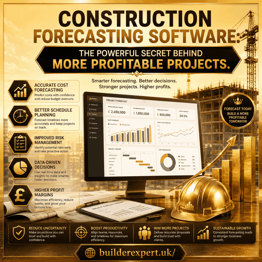 Construction Forecasting Software infographic featuring advanced project forecasting dashboards, construction site visuals, gold financial charts, and premium ochre and gold design elements. The graphic highlights cost forecasting, schedule planning, risk management, data-driven decision-making, and improved profitability for construction businesses.