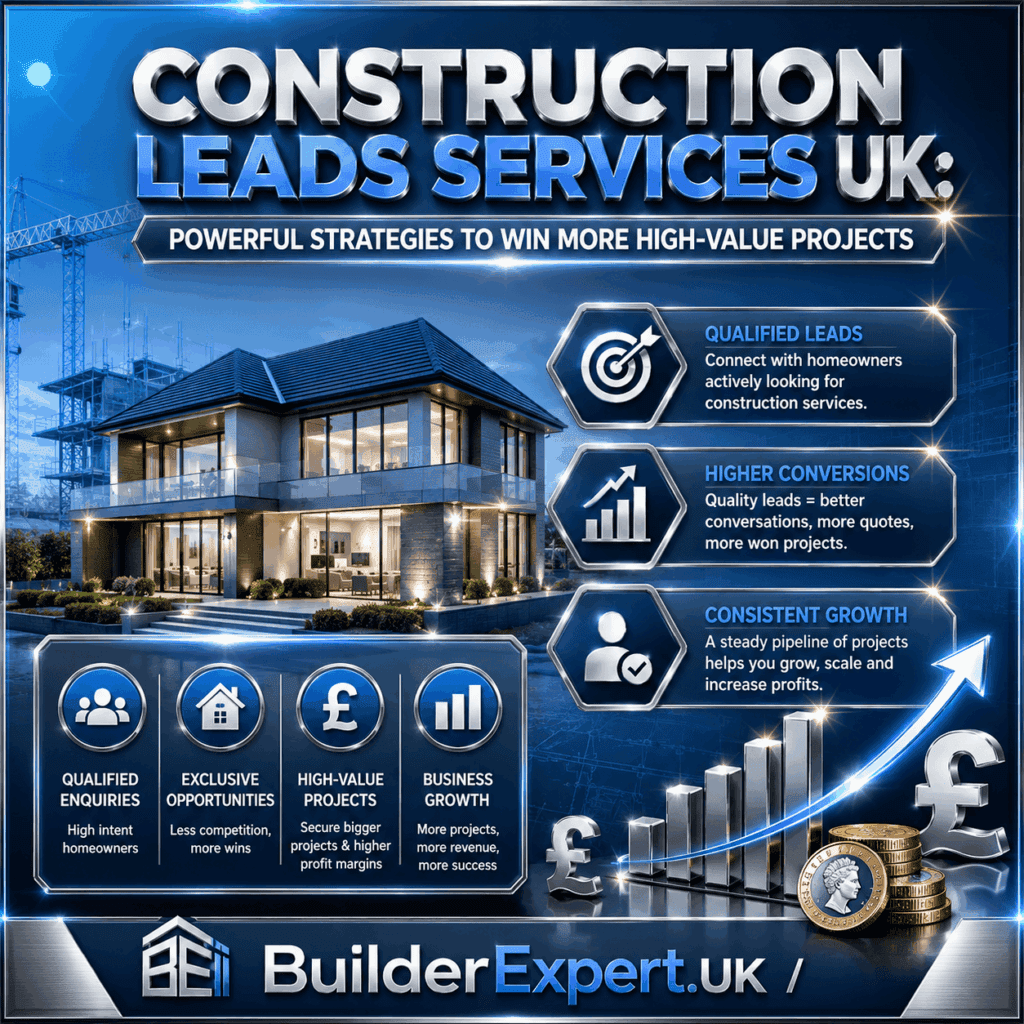 Construction Leads Services UK infographic featuring qualified homeowner enquiries, residential construction opportunities, business growth analytics, and British pound (£) profitability indicators. The visual highlights lead generation strategies that help UK builders secure more high-value projects and increase revenue.