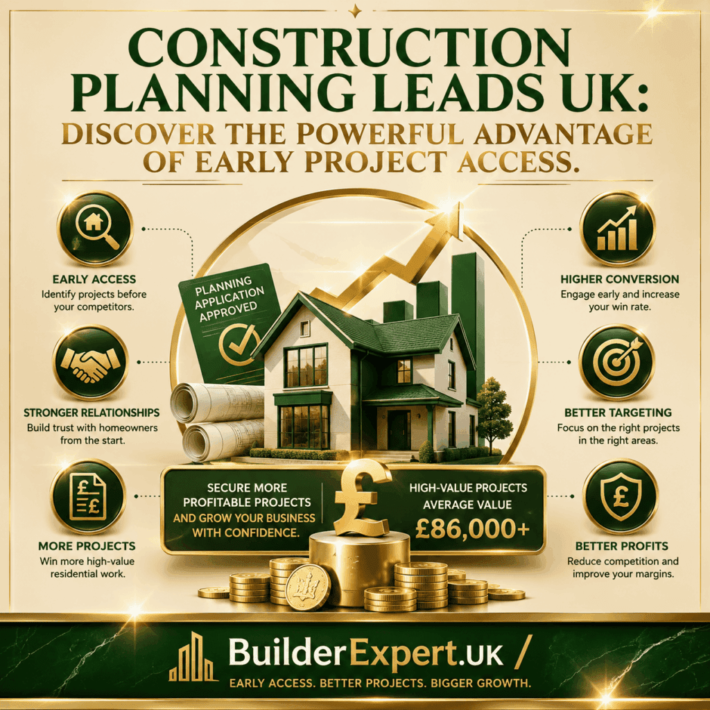 Construction Planning Leads UK Construction Planning Leads UK infographic featuring planning application opportunities, early project access, residential construction growth, homeowner engagement, and British pound (£) profitability indicators. The visual highlights how builders can secure projects earlier and gain a competitive advantage in the UK residential construction market.