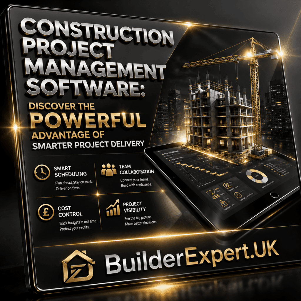 Alt TextConstruction Project Management Software infographic featuring digital project delivery technology, construction scheduling tools, team collaboration systems, cost control dashboards, project tracking features, and British pound (£) financial management indicators. The visual highlights smarter project delivery, improved productivity, better communication, and stronger project control for residential construction companies.