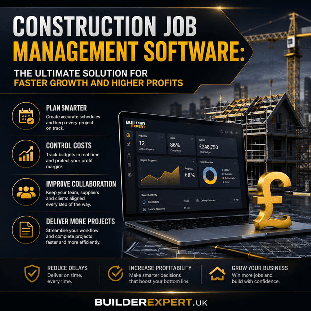 Construction_Job_Management_Software_50 Construction Job Management Software infographic by BuilderExpert.UK featuring a modern construction dashboard, project planning, cost control, collaboration, scheduling, and profitability tools with a dark professional design and UK construction visuals.