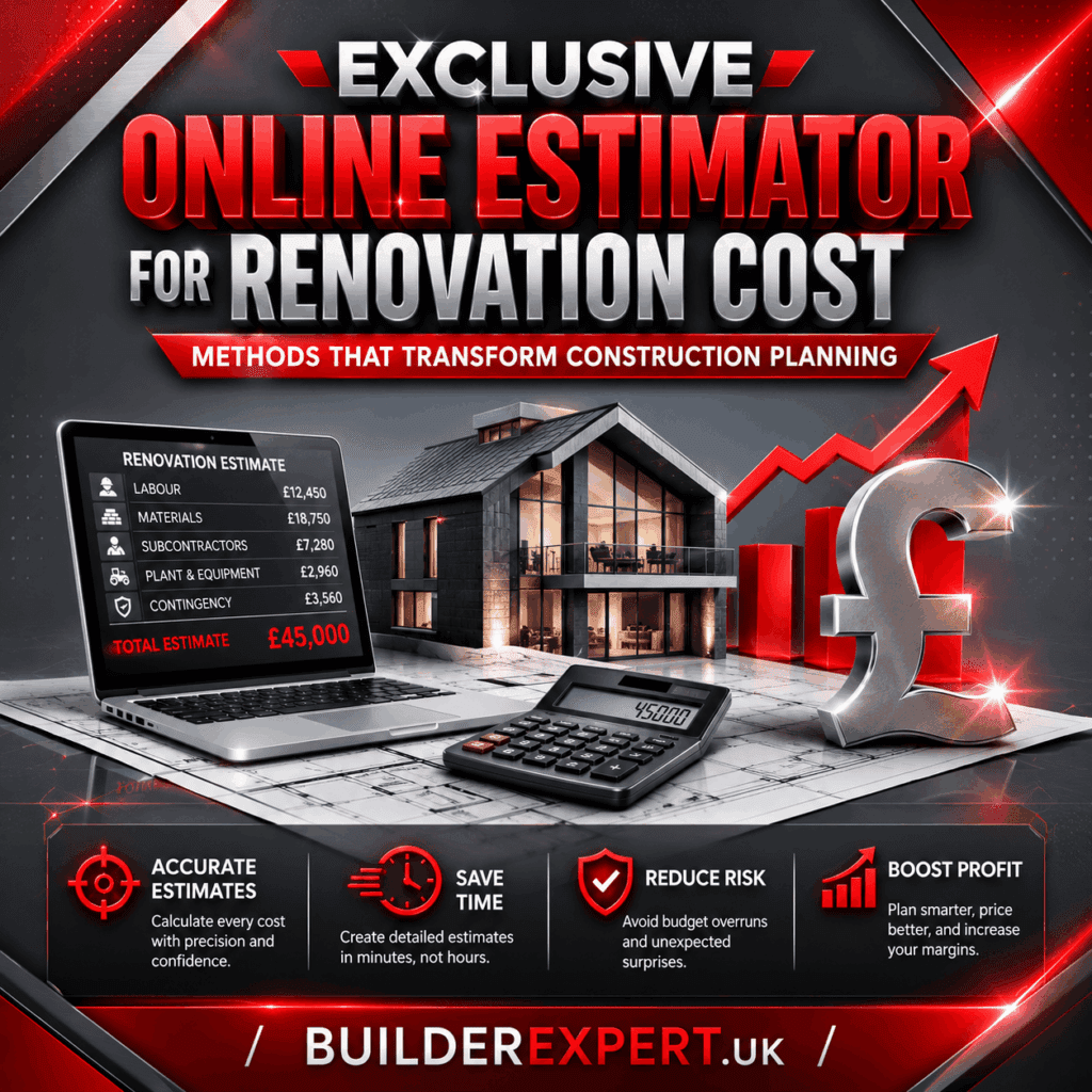 Exclusive Online Estimator for Renovation Cost Methods That Transform Construction Planning. Exclusive Online Estimator for Renovation Cost infographic featuring a modern UK residential property, digital estimating dashboard, calculator, and £ symbol. The graphic highlights accurate estimates, time savings, risk reduction, and improved profitability using BuilderExpert.UK construction planning solutions.