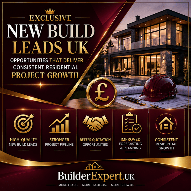 Premium infographic showcasing exclusive new build leads UK opportunities that help residential builders improve project pipeline stability, quotation opportunities, forecasting visibility, and long-term residential construction growth.