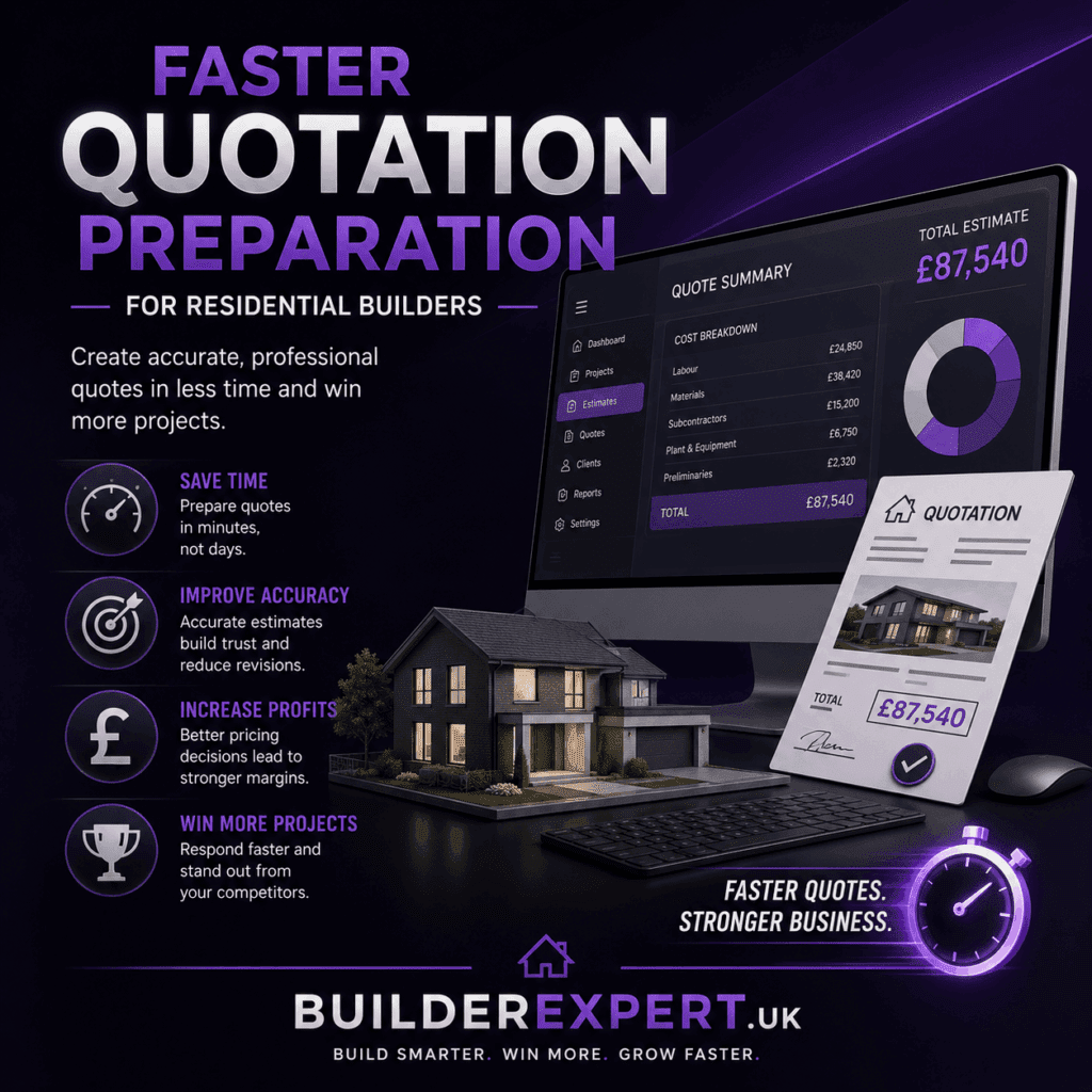 Square infographic titled "Faster Quotation Preparation for Residential Builders" featuring a dark purple and grey background with advanced digital estimating graphics, a modern residential property, professional quotation documents, British pound (£) pricing examples, and software dashboard visuals. The infographic highlights faster quote preparation, improved accuracy, stronger profit margins, and increased project win rates for UK residential builders. BuilderExpert.UK branding is displayed at the bottom.