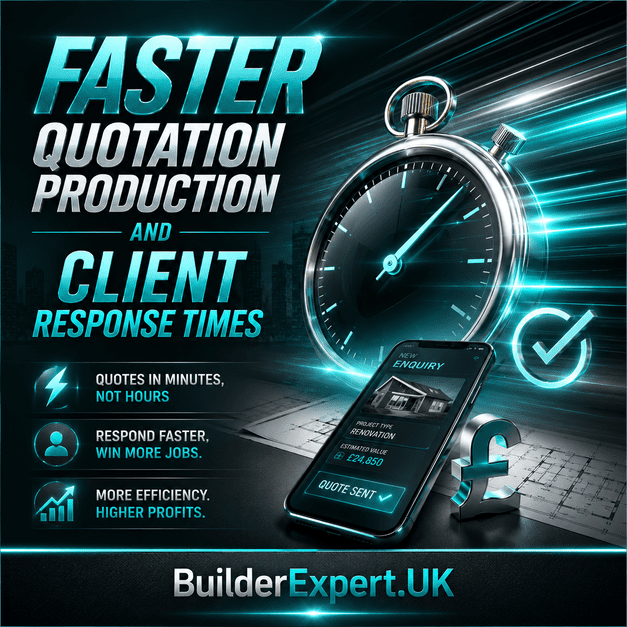 ALT TEXTSquare infographic titled "Faster Quotation Production and Client Response Times". The design features a premium turquoise and dark grey colour scheme with glossy metallic effects, motion graphics, and futuristic lighting. A large stopwatch, digital quotation interface, smartphone estimating app, and British pound (£) symbol highlight the speed and efficiency of modern construction estimating. Key messages include Quotes in Minutes, Not Hours, Respond Faster, Win More Jobs, and More Efficiency, Higher Profits. BuilderExpert.UK is displayed prominently at the bottom.