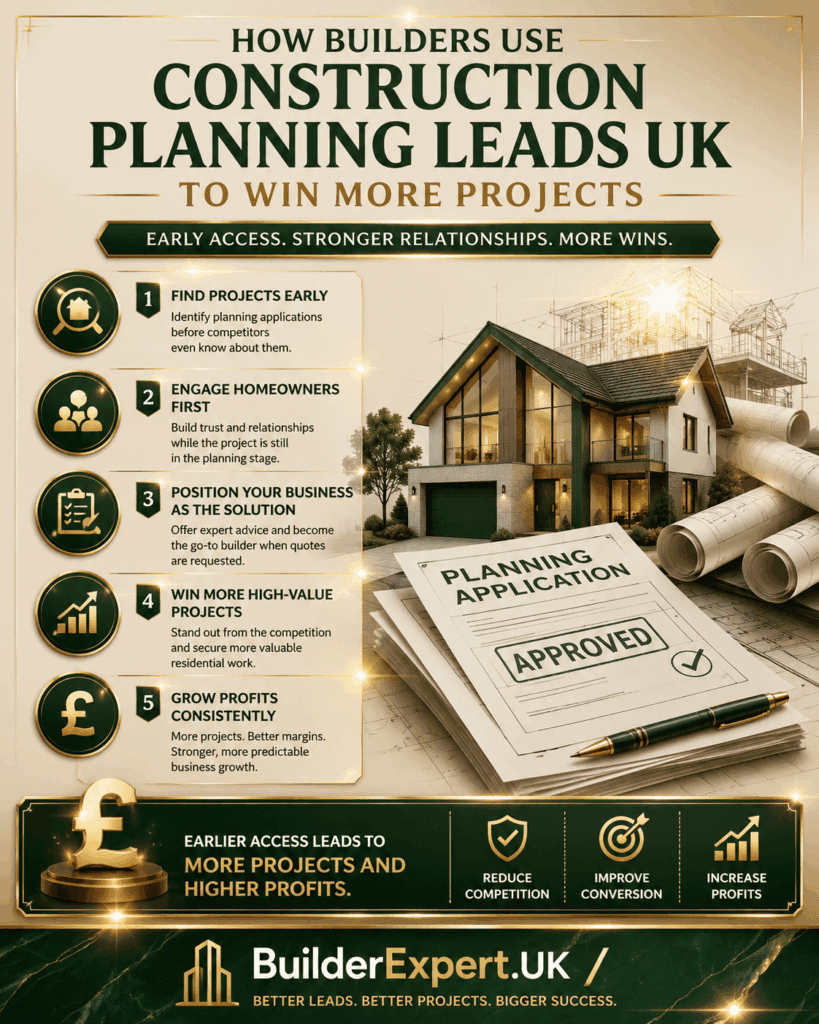 How Builders Use Construction Planning Leads UK to Win More Projects (1) How Builders Use Construction Planning Leads UK to Win More Projects infographic featuring planning application opportunities, early project access, homeowner engagement, residential construction growth, and British pound (£) profitability indicators. The visual demonstrates how builders secure more high-value projects through planning-based lead generation.