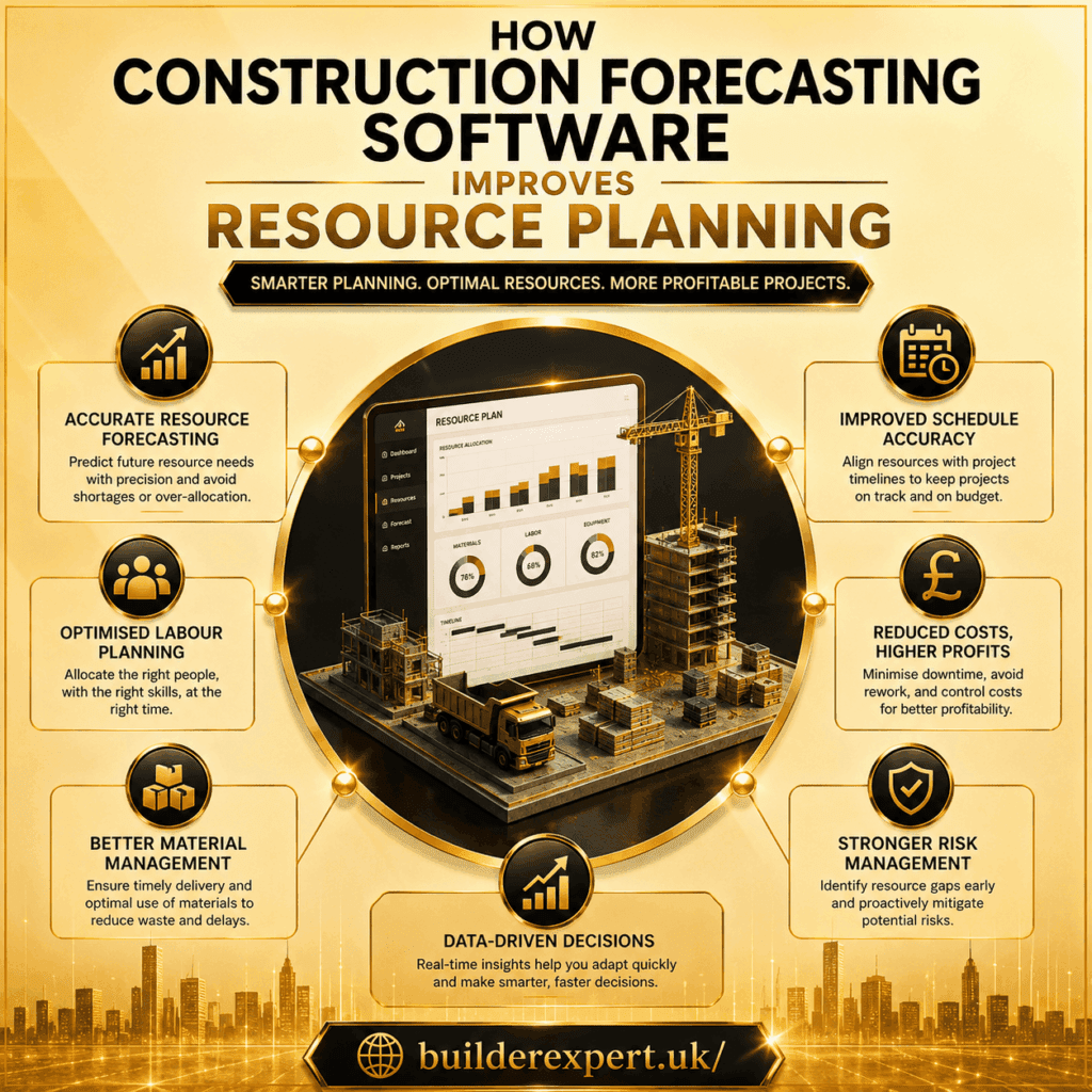 Construction infographic titled "How Construction Forecasting Software Improves Resource Planning" featuring a forecasting dashboard, construction helmet, resource planning graphics, gold financial elements, and a premium ochre and gold colour palette. The design highlights resource forecasting, workforce allocation, schedule accuracy, productivity improvements, and stronger project delivery.