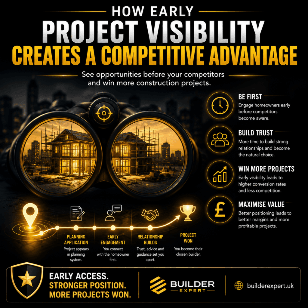 Square infographic titled "How Early Project Visibility Creates a Competitive Advantage". The design features a dark black background with gold and white accents, large binoculars focused on a residential construction project, and visual elements highlighting early access to opportunities, stronger client relationships, higher conversion rates, and improved project profitability. BuilderExpert.uk branding appears at the bottom.