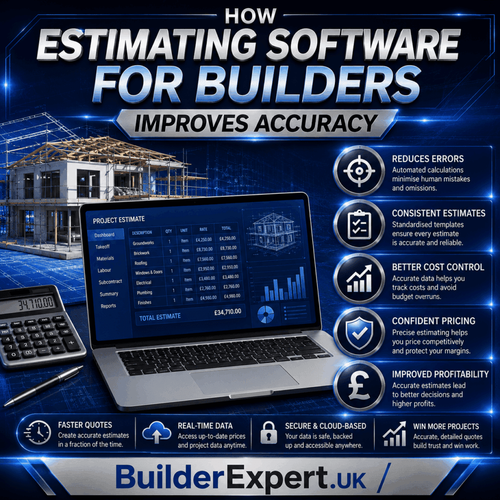 How Estimating Software for Builders Improves Accuracy infographic featuring digital construction estimating, automated cost calculations, project pricing analysis, and British pound (£) profitability indicators. The visual highlights how estimating software helps builders reduce errors, improve pricing consistency, and increase project profitability.