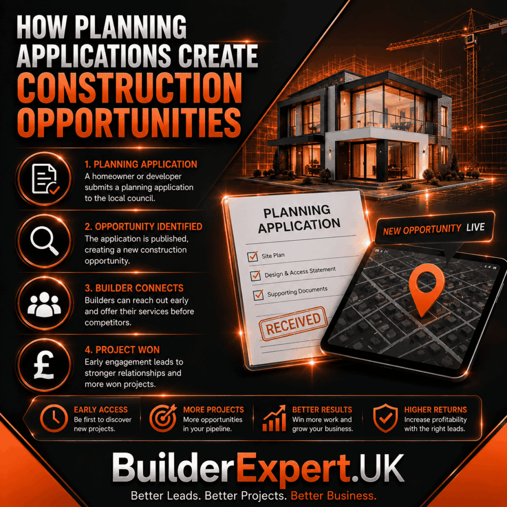 How Planning Applications Create Construction Alt TextHow Planning Applications Create Construction Opportunities infographic featuring planning application data, residential development projects, construction opportunity tracking, early project discovery, and British pound (£) investment indicators. The visual demonstrates how planning applications generate construction opportunities and help builders connect with potential projects before competitors.
