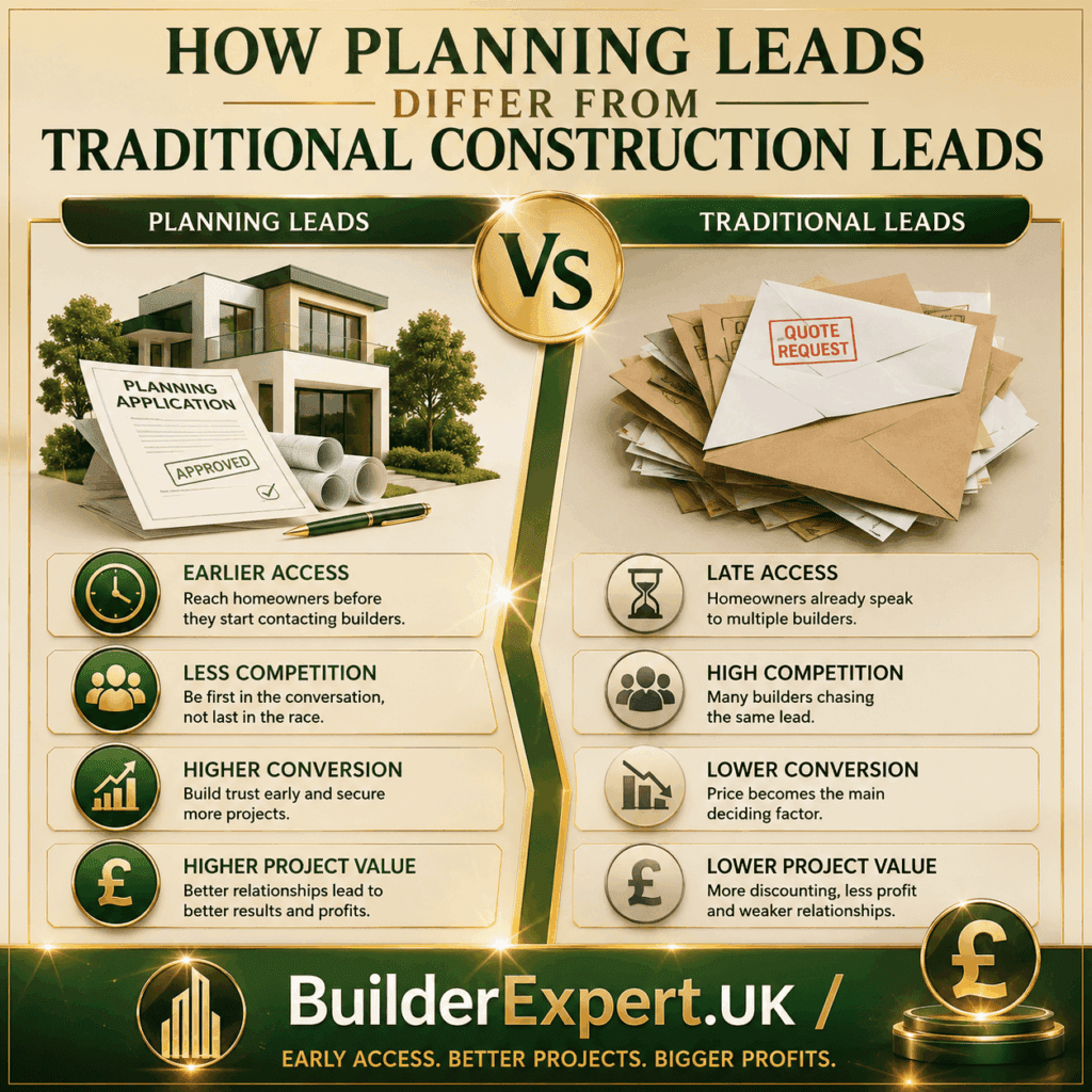 How Planning Leads Differ from Traditional Construction Leads How Planning Leads Differ from Traditional Construction Leads infographic comparing planning-based project opportunities with traditional construction enquiries. The visual highlights early project access, reduced competition, higher conversion rates, and stronger profitability, alongside British pound (£) business growth indicators.