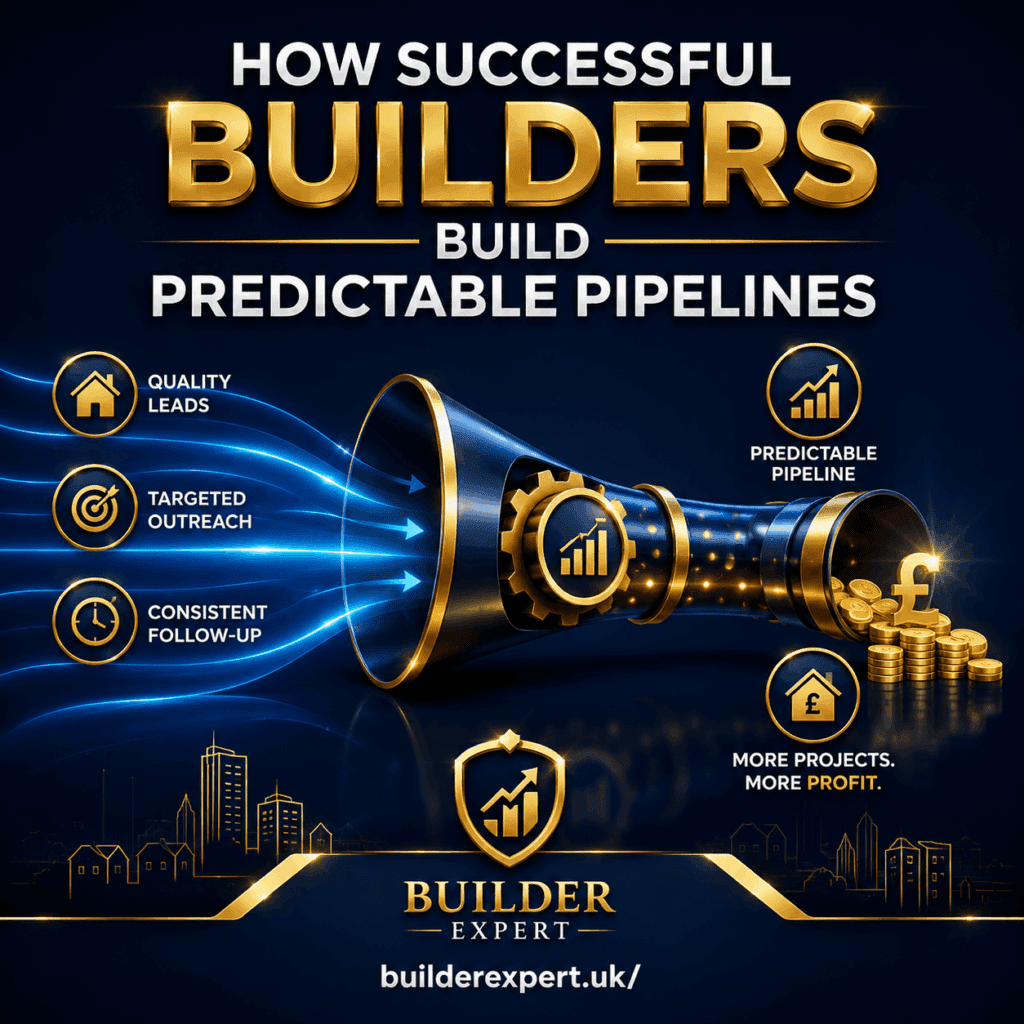 How Successful Builders Build Predictable Pipelines Square infographic titled "How Successful Builders Build Predictable Pipelines" featuring a futuristic pipeline visual that transforms qualified homeowner leads into profitable construction projects. The design uses dark blue and gold colours with glowing effects, UK pound symbols, business growth icons, and visual elements representing quality leads, targeted outreach, consistent follow-up, predictable project flow, and increased profitability. BuilderExpert.uk branding is displayed at the bottom.