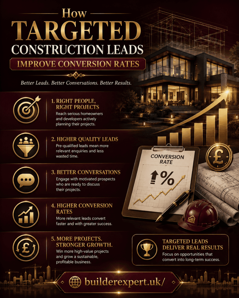Construction infographic titled "How Targeted Construction Leads Improve Conversion Rates" featuring a luxury residential property, rising conversion chart, gold business icons, architectural plans, and premium burgundy, grey-beige, and gold design elements. The graphic highlights lead quality, improved conversations, higher conversion rates, and profitable project growth.