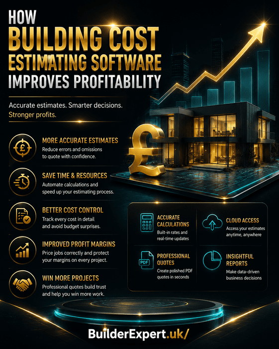 How_Building_Cost_Estimating_Software_Improves_Profitability_50 Professional 4:5 infographic titled "How Building Cost Estimating Software Improves Profitability" featuring BuilderExpert's estimating software with a modern building, upward profit graph, £ symbol, and key benefits including more accurate estimates, improved cost control, faster estimating, cloud access, professional quotations, and stronger profit margins on a premium dark background with gold and teal highlights.