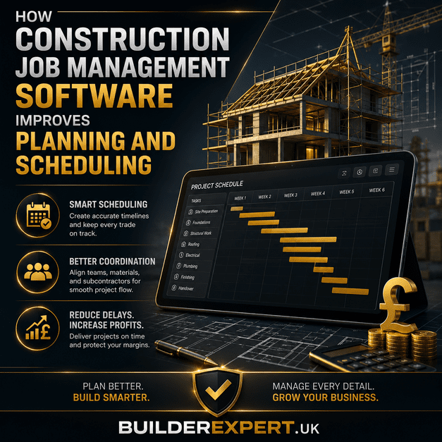 How_Construction_Job_Management_Software_50 Infographic illustrating how construction job management software improves planning and scheduling for UK residential builders, featuring digital project timelines, smart scheduling, team coordination, cost control, and BuilderExpert.UK branding with a professional dark construction theme.