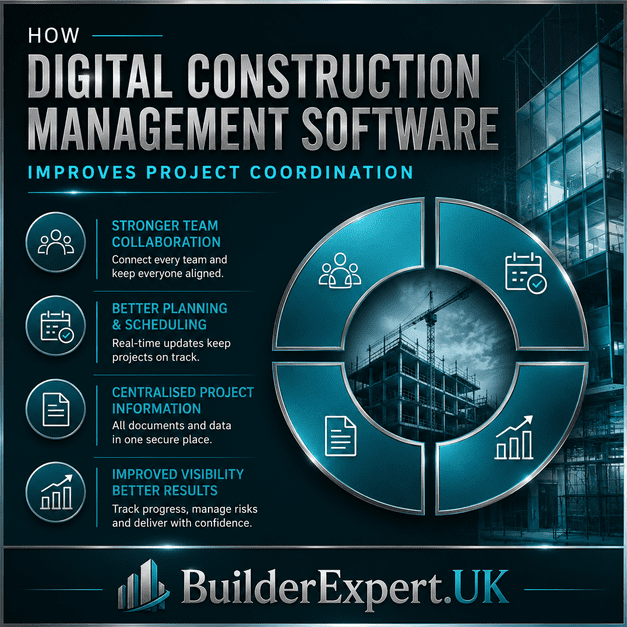 How_Digital_Construction_Management_Software_Improves_Project_Coordination_50 Premium digital construction management software infographic showing how project coordination improves through stronger team collaboration, centralised project information, scheduling visibility, and real-time construction management systems.