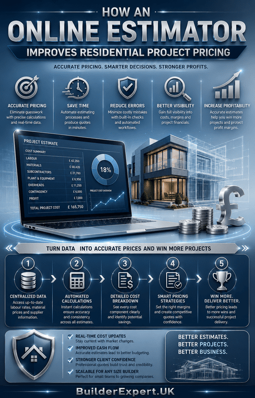 How an Online Estimator Improves Residential Project Pricing infographic highlighting accurate pricing, reduced estimating errors, improved profitability, and smarter cost management for residential construction projects.