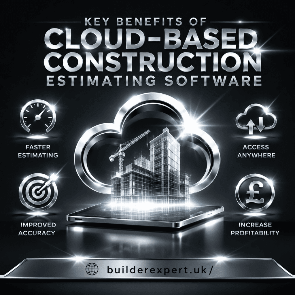Key Benefits of Cloud-Based Construction Estimating Software Cloud-Based Construction Estimating Software infographic highlighting faster estimating, improved accuracy, cloud access, and increased profitability for construction businesses.