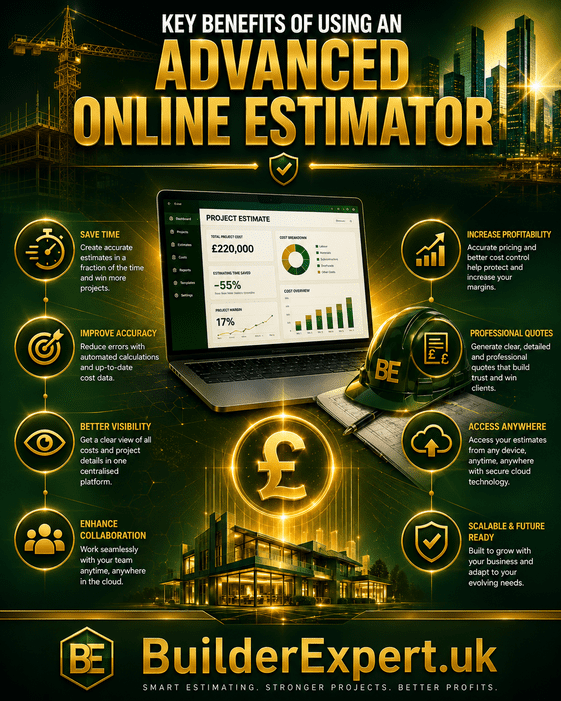 Key Benefits of Using an Advanced Online Estimator infographic highlighting faster estimating, improved accuracy, stronger collaboration, and increased profitability for construction businesses.