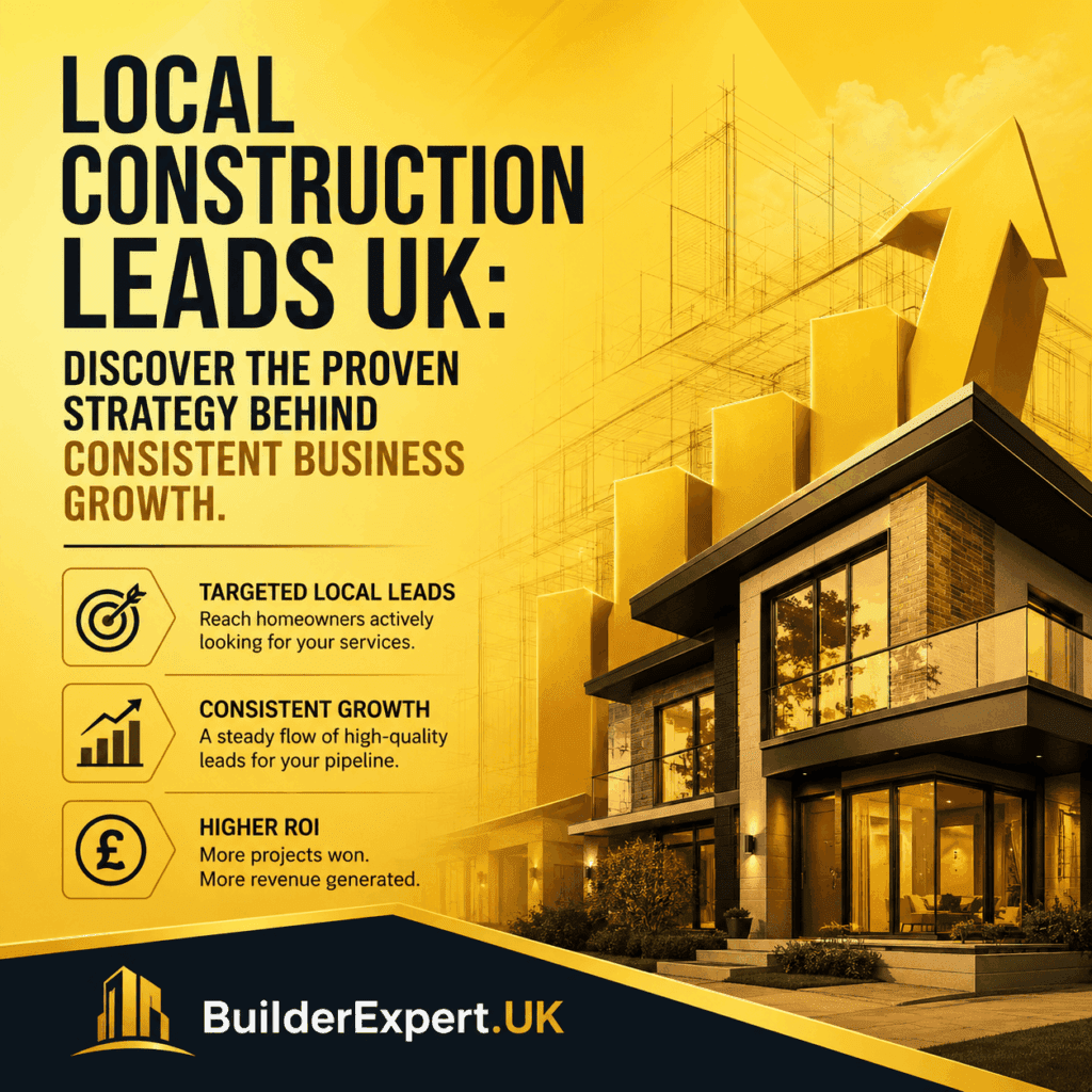 Square infographic titled "Local Construction Leads UK: Discover the Proven Strategy Behind Consistent Business Growth" featuring a professional ochre colour palette, modern residential property visuals, growth charts, lead generation icons, and British pound (£) symbols. The graphic highlights targeted local leads, consistent business growth, and higher return on investment for UK construction companies. BuilderExpert.UK branding appears at the bottom.