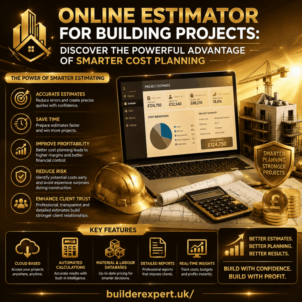 Online Estimator for Building Projects Alt TextOnline Estimator for Building Projects infographic featuring digital construction estimating technology, project cost planning tools, residential building budgets, financial forecasting dashboards, and British pound (£) profitability indicators. The visual highlights accurate estimating, smarter cost planning, improved profitability, and better project control for builders.