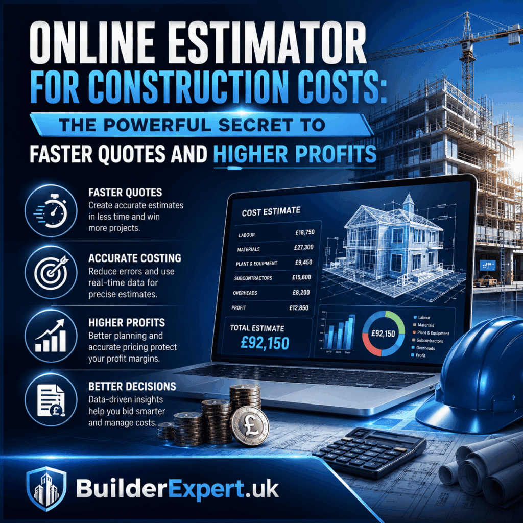 Square infographic titled "Online Estimator for Construction Costs: The Powerful Secret to Faster Quotes and Higher Profits". The design features a dark blue and light blue colour scheme with a modern construction site, a digital estimating dashboard displayed on a laptop, construction drawings, a calculator, safety helmet, and pound sterling (£) symbols. Key benefits highlighted include faster quotes, accurate costing, higher profits, and better business decisions. BuilderExpert.uk branding appears at the bottom.