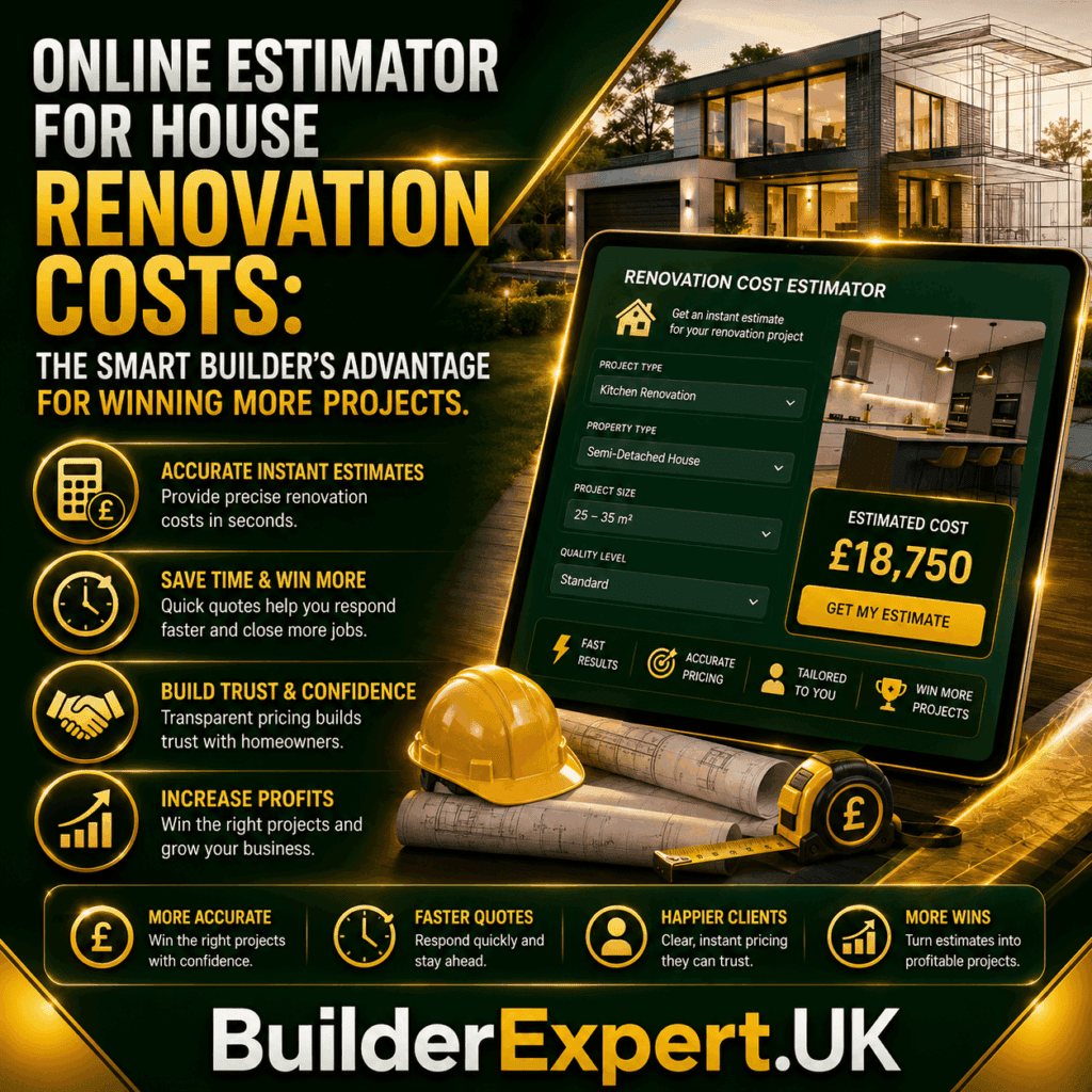 Alt TextOnline Estimator for House Renovation Costs infographic featuring digital renovation cost estimation software, residential renovation planning tools, instant quotation systems, project budgeting dashboards, and British pound (£) cost calculations. The visual highlights faster estimating, accurate pricing, improved client confidence, and increased project win rates for builders.