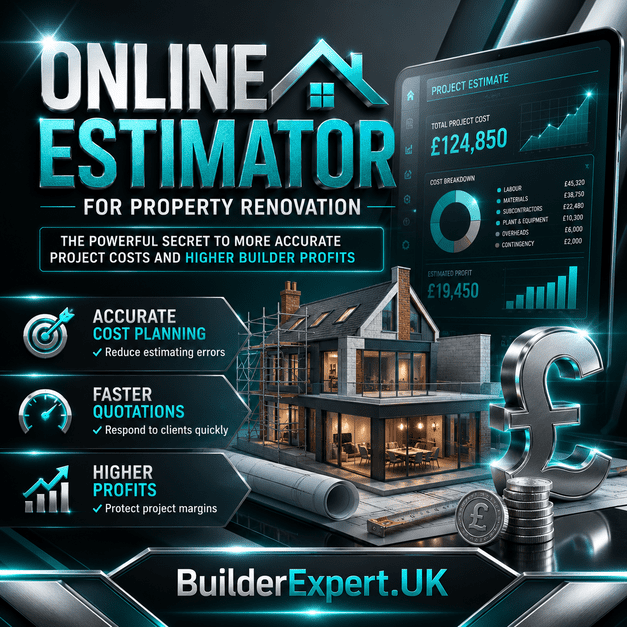 Square infographic titled "Online Estimator for Property Renovation: The Powerful Secret to More Accurate Project Costs and Higher Builder Profits". The design features a premium turquoise and dark grey colour scheme with glossy metallic effects. A modern residential renovation project is displayed alongside a digital estimating dashboard showing project costs, profit calculations, and financial analytics. Key benefits highlighted include Accurate Cost Planning, Faster Quotations, and Higher Profits. British pound (£) symbols reinforce the focus on construction budgeting and profitability. BuilderExpert.UK is displayed prominently at the bottom.