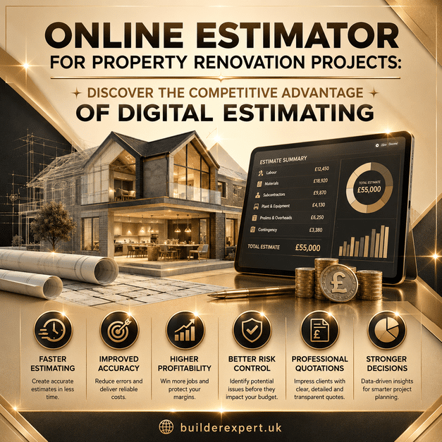 Luxury square infographic titled "Online Estimator for Property Renovation Projects: Discover the Competitive Advantage of Digital Estimating" featuring a modern residential renovation project, digital estimating dashboard, UK pound (£) cost calculations, and key benefits including faster estimating, improved accuracy, higher profitability, better risk control, professional quotations, and stronger business decisions. Branded with BuilderExpert.uk.