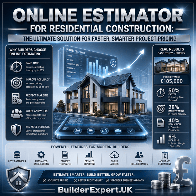 Online Estimator for Residential Construction infographic highlighting faster estimating, improved pricing accuracy, stronger profitability, and smarter project management for residential builders.