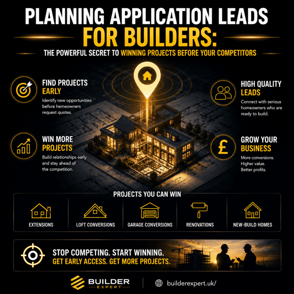 Square infographic titled "Planning Application Leads for Builders: The Powerful Secret to Winning Projects Before Your Competitors". The design features a dark background with gold and white accents, a modern residential property positioned on architectural plans, and key benefits including finding projects early, winning more projects, accessing high-quality leads, and growing a construction business. BuilderExpert.uk branding appears at the bottom.