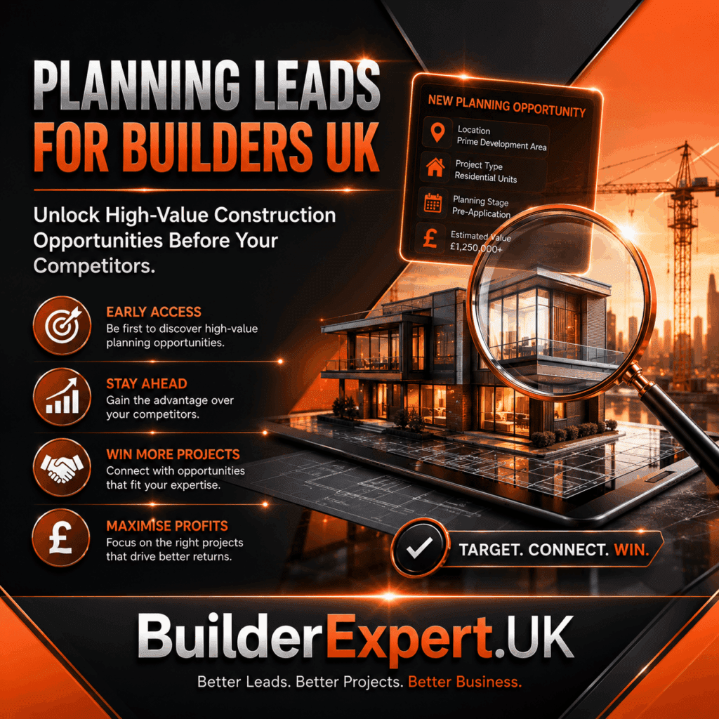 Planning Leads for Builders UK Alt TextPlanning Leads for Builders UK infographic featuring residential construction opportunities, planning application data, project discovery tools, high-value building projects, and British pound (£) investment indicators. The visual highlights early access to planning leads, competitive advantage, better project targeting, and increased profitability for UK builders and contractors.