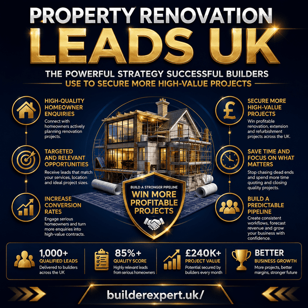 Property_Renovation_Leads_UK_50 Square infographic titled "Property Renovation Leads UK: The Powerful Strategy Successful Builders Use to Secure More High-Value Projects" featuring a modern luxury home, gold and dark blue design elements, UK pound symbols, and visual highlights showing qualified homeowner enquiries, targeted renovation opportunities, improved conversion rates, predictable project pipelines, and profitable renovation projects for UK builders. BuilderExpert.uk branding appears at the bottom.