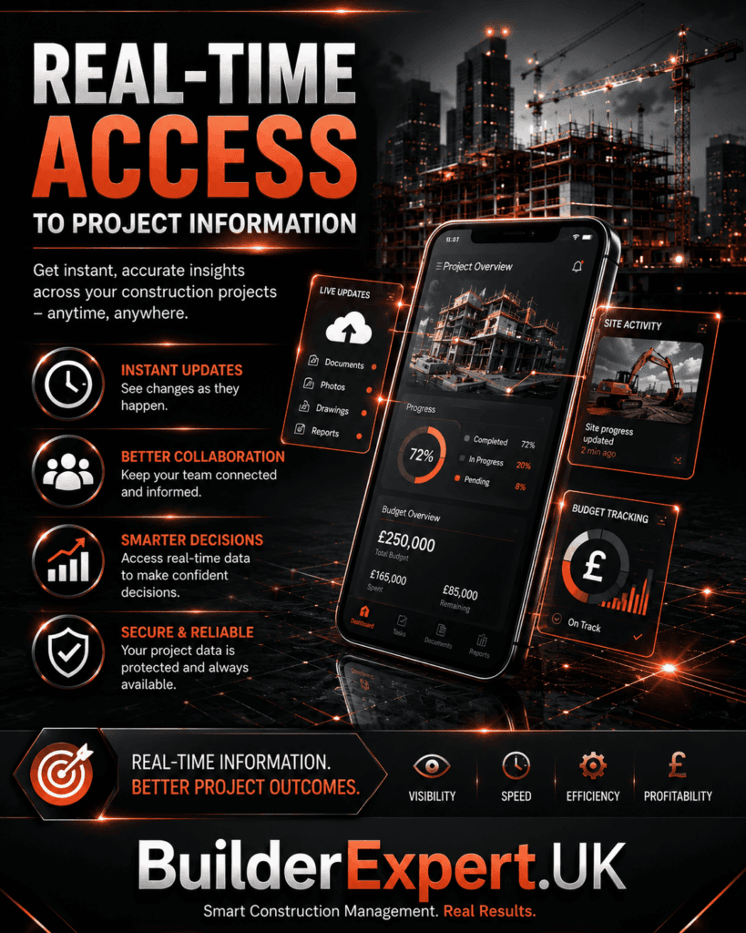 Alt TextReal-Time Access to Project Information infographic featuring cloud-based construction technology, live project dashboards, mobile project tracking, instant updates, team collaboration tools, and British pound (£) financial monitoring. The visual highlights real-time access to construction data, improved visibility, faster decision-making, and secure project management for residential builders.