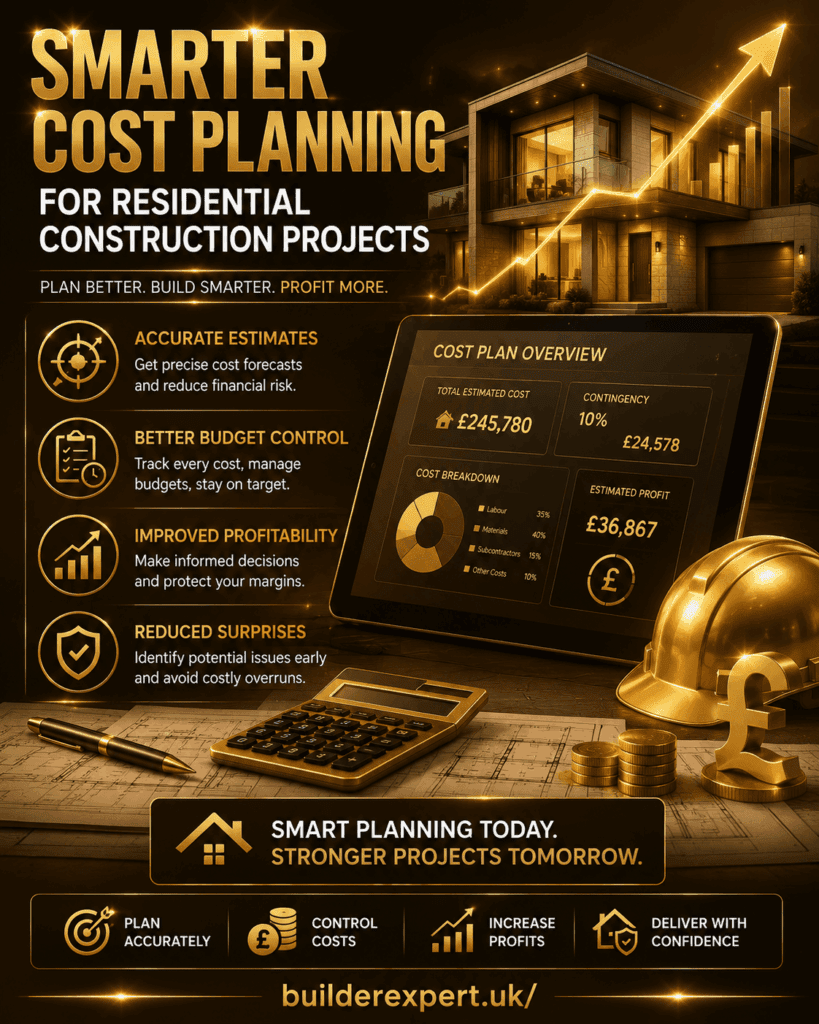 Smarter Cost Planning for Residential Construction Projects Alt TextSmarter Cost Planning for Residential Construction Projects infographic featuring digital cost planning tools, residential building budgets, project forecasting dashboards, profitability analysis, and British pound (£) financial indicators. The visual highlights accurate estimating, budget control, reduced financial risk, and improved project profitability for residential builders.