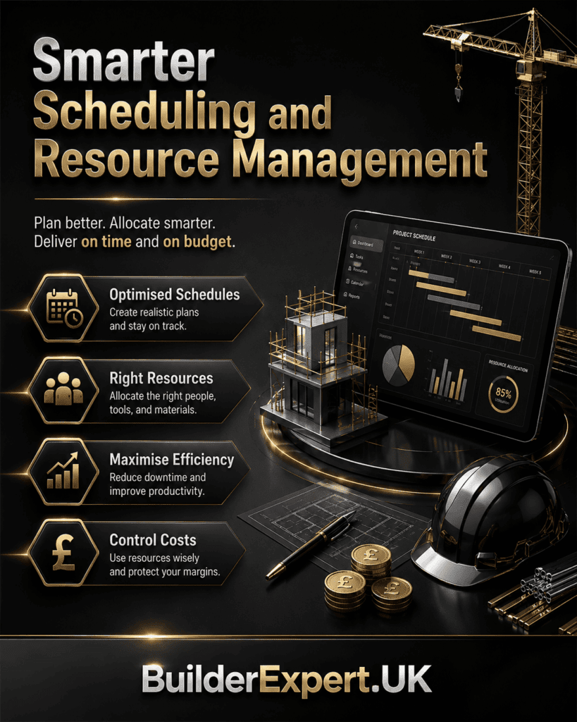 Alt TextSmarter Scheduling and Resource Management infographic featuring advanced construction planning tools, project scheduling systems, resource allocation dashboards, workforce coordination, and British pound (£) cost management indicators. The visual highlights efficient scheduling, better resource utilisation, improved productivity, and stronger project control for residential construction companies.