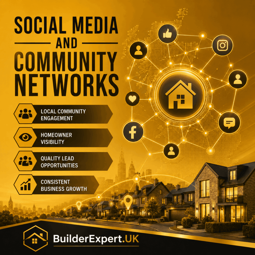 local construction leads UK . Square infographic titled "Social Media and Community Networks" featuring an ochre colour palette, connected homeowner and community network graphics, social media engagement icons, residential housing visuals, and digital connection pathways. The design highlights local community engagement, homeowner visibility, quality lead opportunities, and consistent business growth for UK builders. BuilderExpert.UK branding appears at the bottom.